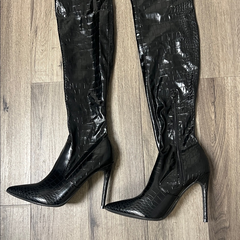 Forever 21 Black Croc Embossed Thigh High Over the Knee Boots Sz 10 - Picture 3 of 15